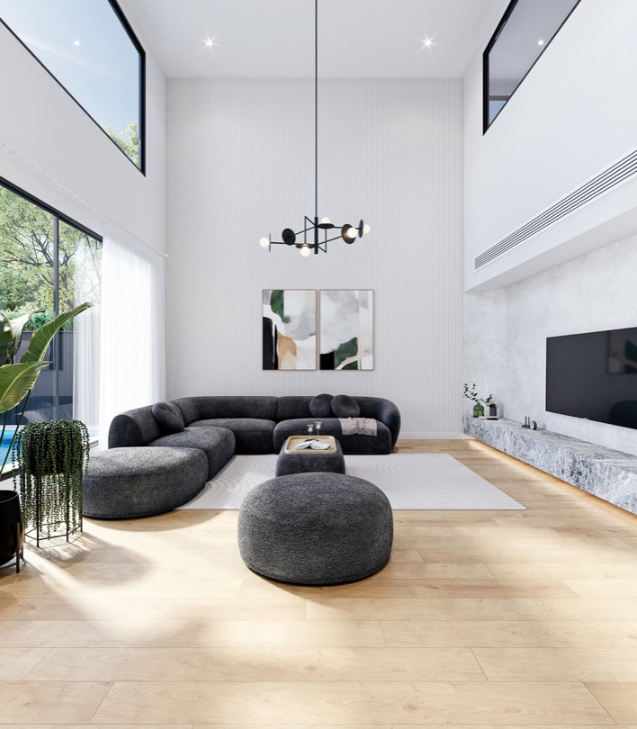 We are thrilled to reveal the living space of one of our latest projects... ⠀⠀⠀⠀⠀⠀⠀⠀⠀ A home that captures the perfect balance between modern style and timeless beauty. Combining fluted tundra limestone, concrete render, gunmetal fixtures and natural oak flooring - seamlessly brought together to create SPECTRE.…