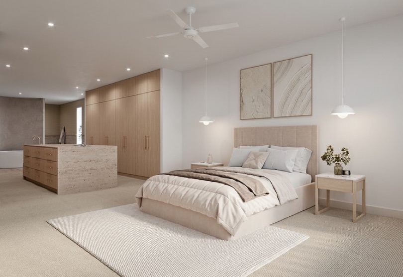 ENCANTO. Enquire Now. ⠀⠀⠀⠀⠀⠀⠀⠀⠀ The open plan concept of ENCANTO's master suite effortlessly connects the bedroom and bathroom, showcasing a free-standing round bathtub and striking timber and gold accents. The perfect blend of modern design and natural warmth. ⠀⠀⠀⠀⠀⠀⠀⠀⠀ Arriving soon - enquire now through the link…