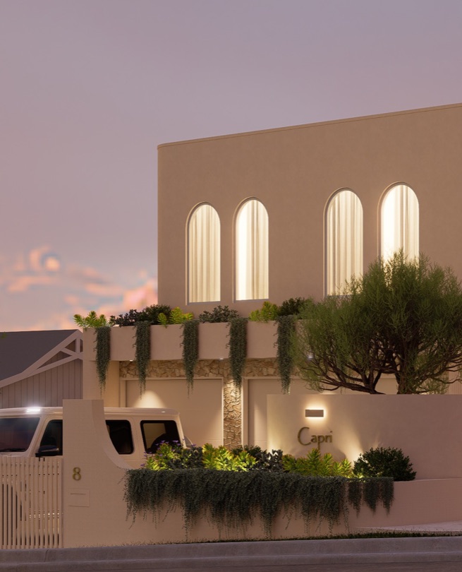 CAPRI A commanding presence on its corner block, CAPRI combines a light, textured facade with timber battens and elegant arched windows, creating a home that is both sculptural and inviting. Elevated to capture city views, every detail has been considered to balance modern Mediterranean charm with contemporary…