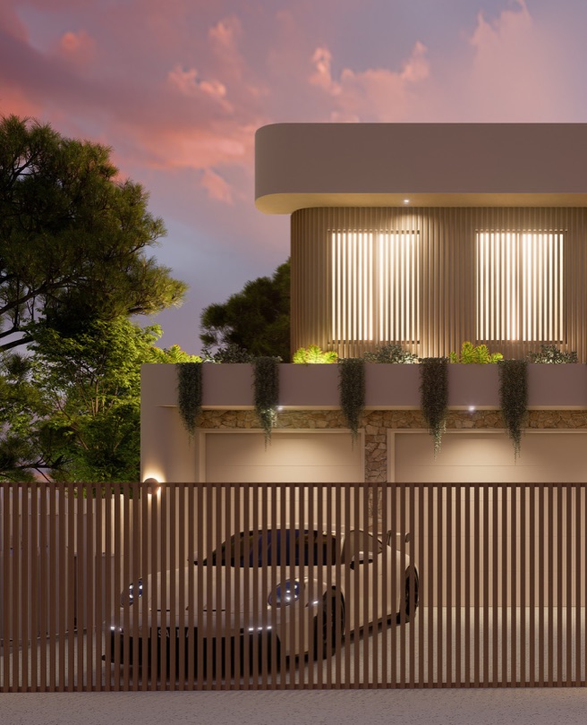SIERRA By night, the exterior transforms—architectural lines illuminated to highlight balance, form, and proportion. The façade glows softly against its hillside setting, framing views of the city lights beyond. Enquires to sales@sabdia.com.au DESIGN · DEVELOP · CONSTRUCT