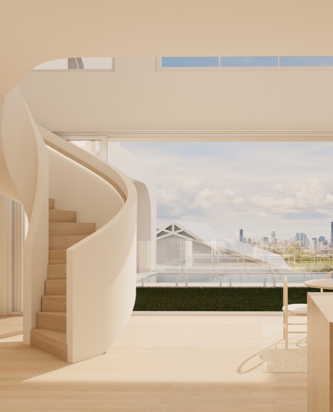 CASPIAN A spiral staircase takes centre stage, a sculptural art piece that draws you through the home. Bespoke finishes and expansive city views create a sense of quiet sophistication. Sold off-market and now under construction. DESIGN · DEVELOP · CONSTRUCT