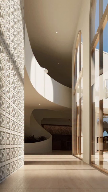 QASR Light filters through the towering breezeblock wall, casting patterns that hint at the serenity within. Arched windows frame a private oasis — a pool deck and serene cabanas creating a calm, elevated retreat. Inside, a central floating fireplace separates the intimate formal living from the elegant dining space,…
